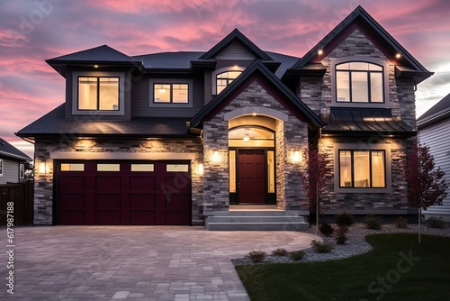 Visionary Brand New House: Innovative Aesthetic with Double Garage and Stunning Burgundy Siding Plus Natural Stone Embellishments, generative AI