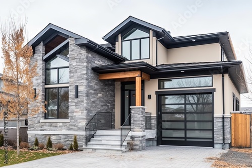 Innovative Aesthetic  Visionary Brand New House with Double Garage  Light Gray Siding  and Natural Stone Embellishments  generative AI