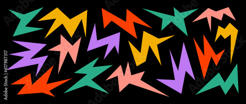 Colorful sharp irregular shapes on dark background. Abstract bright geometric edgy elements collection. Asymmetric angular forms for banners, collages, posters, stickers. Design bundle vector.