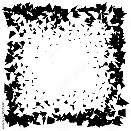 Debris and shatters in square shape. Black broken pieces, specks, speckles, particles, shivers. Abstract explosion and burst textured rectangular element. Vector frame illustration 