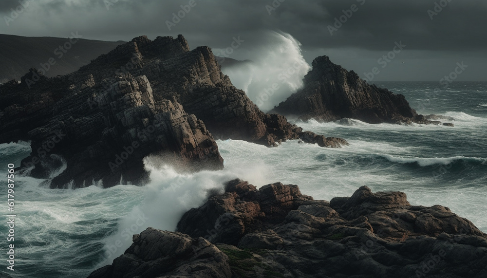 Majestic wave crashes on rough cliff, creating stunning seascape generated by AI Majestic wave crashes on rough cliff, creating stunning seascape generated by AI