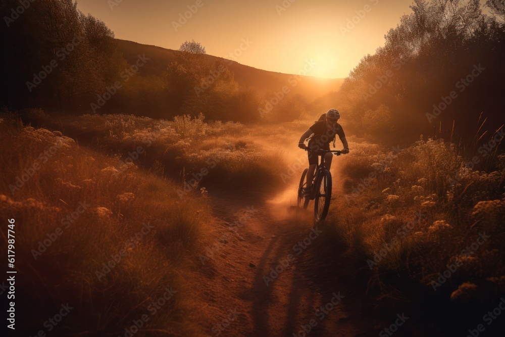 A cyclists races at sunset in difficult cross-country conditions . Generative AI A cyclists races at sunset in difficult cross-country conditions . Generative AI