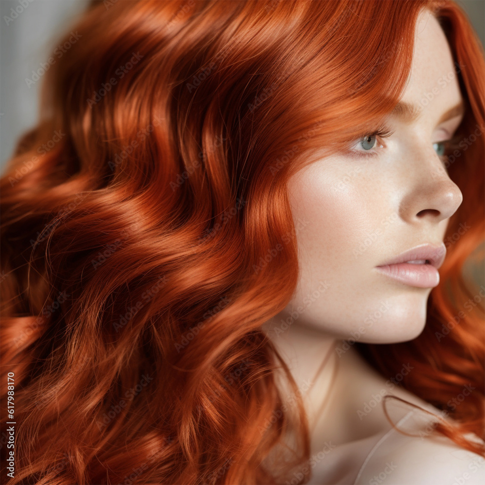 Fototapeta premium close-up element of portrait of young woman with bright red hair color and hairstyle. Banner or poster. Social media content for beauty salons. hair dye color in the catalog. Generative AI