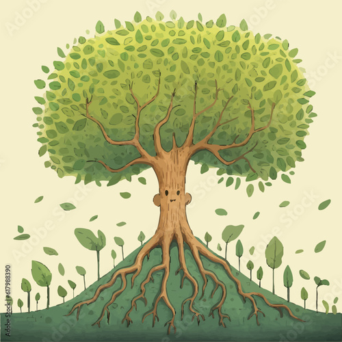 Tree with roots illustration. fantasy big tree with face. Jungle kids tales vector illustration