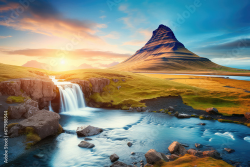 wonderful evening with Kirkjufell volcanic coast of the Snaefellsnes peninsula. The morning scene is picturesque and stunning. Famous location where Kirkjufellsfoss waterfall  Iceland  Europe.