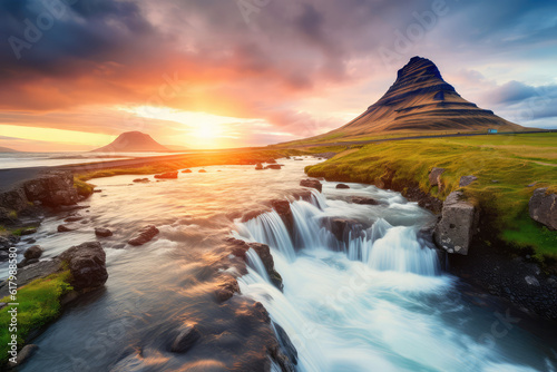 wonderful evening with Kirkjufell volcanic coast of the Snaefellsnes peninsula. The morning scene is picturesque and stunning. Famous location where Kirkjufellsfoss waterfall  Iceland  Europe.