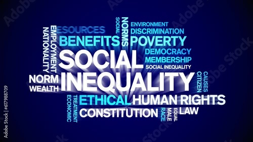 Social inequality animated tag word cloud;Human rights issues text design animation kinetic typography seamless loop. photo