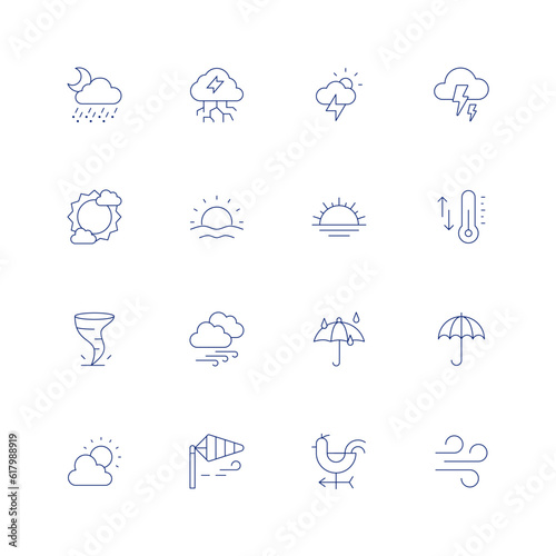 Weather line icon set on transparent background with editable stroke. Containing snowy, storm, sunny, sunrise, sunset, temperature, tornado, windy, umbrella, weather, wind direction, wind signal.