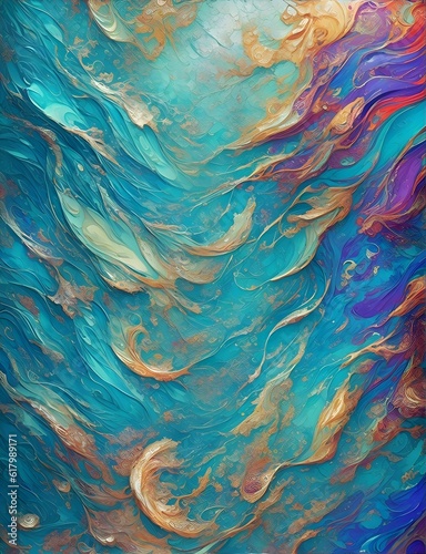 Abstract painting in blue and gold color with intricate and 3d design © Irish
