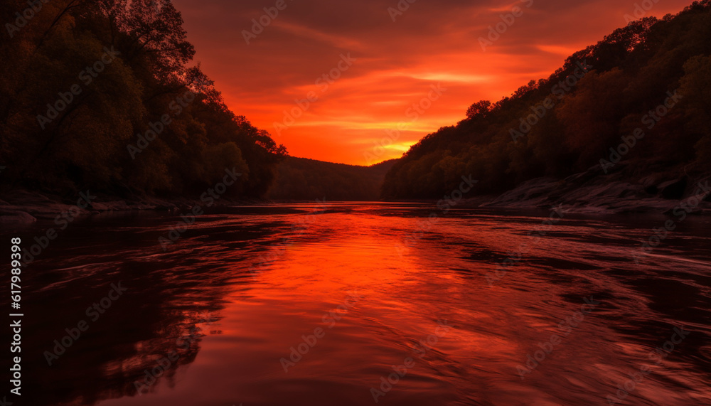 Vibrant sunset over tranquil water reflects beauty in nature landscape generated by AI
