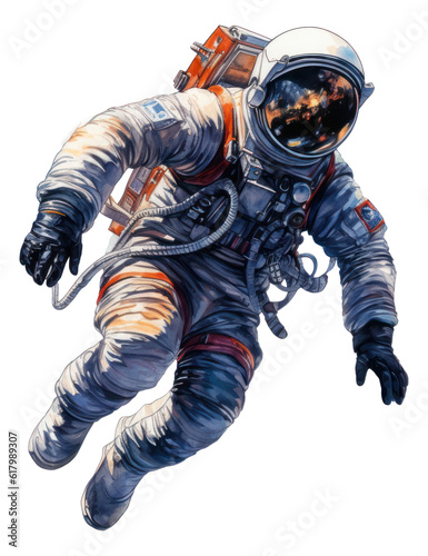 Watercolor spaceman, astronaut in space suit isolated.