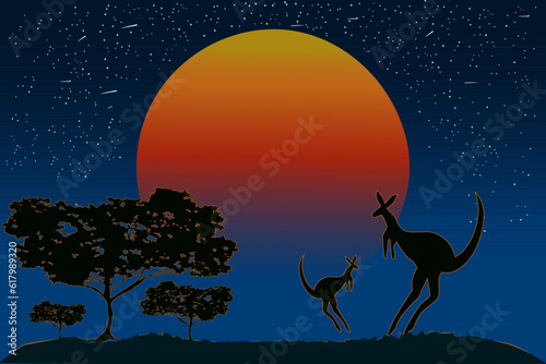 Silhouette of kangaroos family on sunset background. Two kangaroo at Australian landscape with orange sunrise and acacia trees. Wild nature of Australia. Australia day banner.Stock vector illustration © kajani