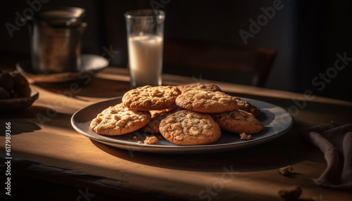 Homemade chocolate chip cookie on rustic wood table with milk generated by AI