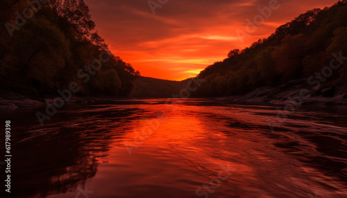 Vibrant sunset over tranquil water reflects beauty in nature landscape generated by AI