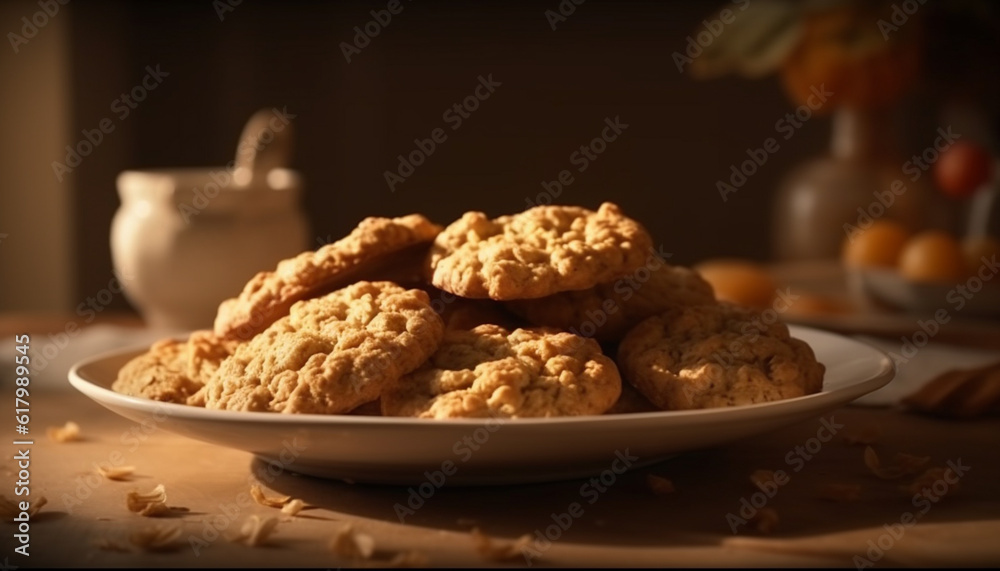 Homemade chocolate chip cookies on rustic wooden table, indulgent snack generated by AI Homemade chocolate chip cookies on rustic wooden table, indulgent snack generated by AI