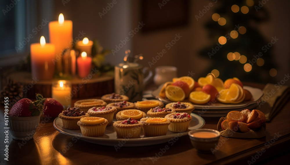 Homemade dessert plate with sweet treats, candle and decoration generated by AI