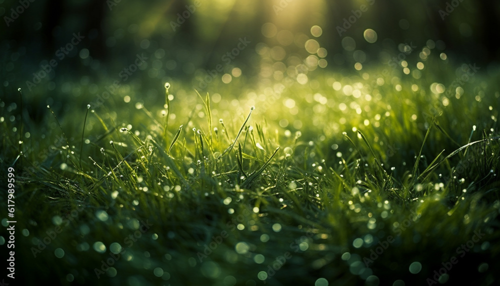 Vibrant green meadow, dew drops on blades, nature vitality shines generated by AI Vibrant green meadow, dew drops on blades, nature vitality shines generated by AI