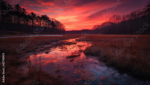 Tranquil scene of a sunset over a frosty pond horizon generated by AI