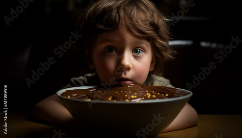Smiling Caucasian boy indulges in sweet chocolate dessert indoors generated by AI
