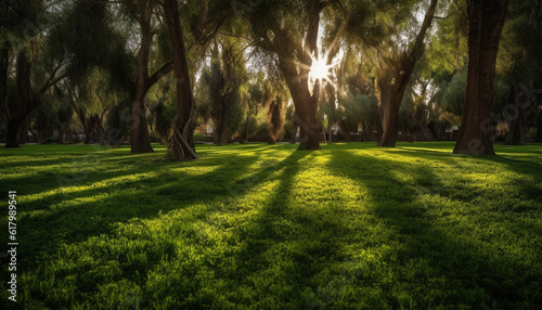Tranquil scene of nature beauty green meadow, tree, sunlight generated by AI