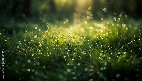 Vibrant green meadow, dew drops on blades, nature vitality shines generated by AI
