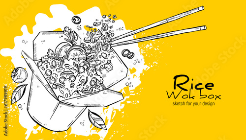 Wok box, rice, chopsticks, vegetables and spices. Asian cuisine. Hand drawing sketch.