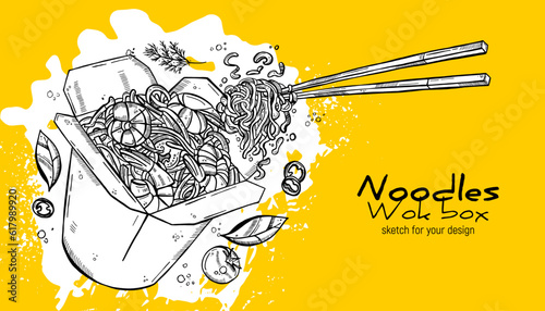 Wok box, noodle, shrimp, chopsticks, vegetables and spices. Asian cuisine. Hand drawing sketch.