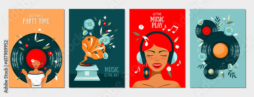 Set of postcards with a woman, gramophone, flowers, vinyl record and headphones. Holliday, party, vacation, disko, happy birthday. Vector templates for card, poster, flyer, banner and other