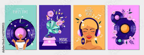 Set of postcards with a woman, gramophone, flowers, vinyl record and headphones. Holliday, party, vacation, disko, happy birthday. Vector templates for card, poster, flyer, banner and other