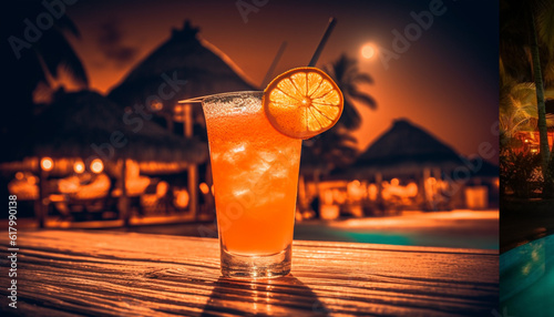 Refreshing mojito cocktail with citrus fruit on wooden bar counter generated by AI