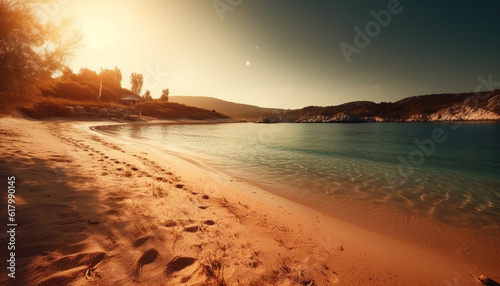 Tranquil dusk, serene waters edge, idyllic coastline, nature beauty generated by AI