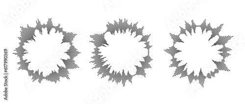 Radial sound waves collection. Round music equalizer bar set. Black audio chart pack. Abstract circle radio and voice signal symbol or icon for podcast, app, player. Vector element bundle.