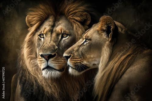 Majestic African lion couple loving pride  generative AI