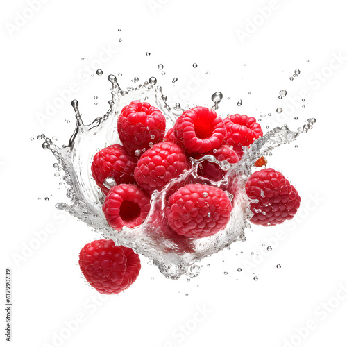 Raspberry in water splash on white background. Generative AI