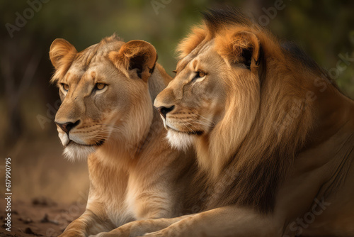 Majestic African lion couple loving pride, generative AI © Kien