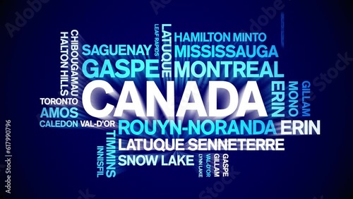 Canada animated tag word cloud;text design animation List of cities towns kinetic typography seamless loop. photo