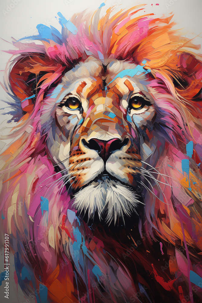 Colorful Palette-knife drawing of a Lion. Using Primary Colors.