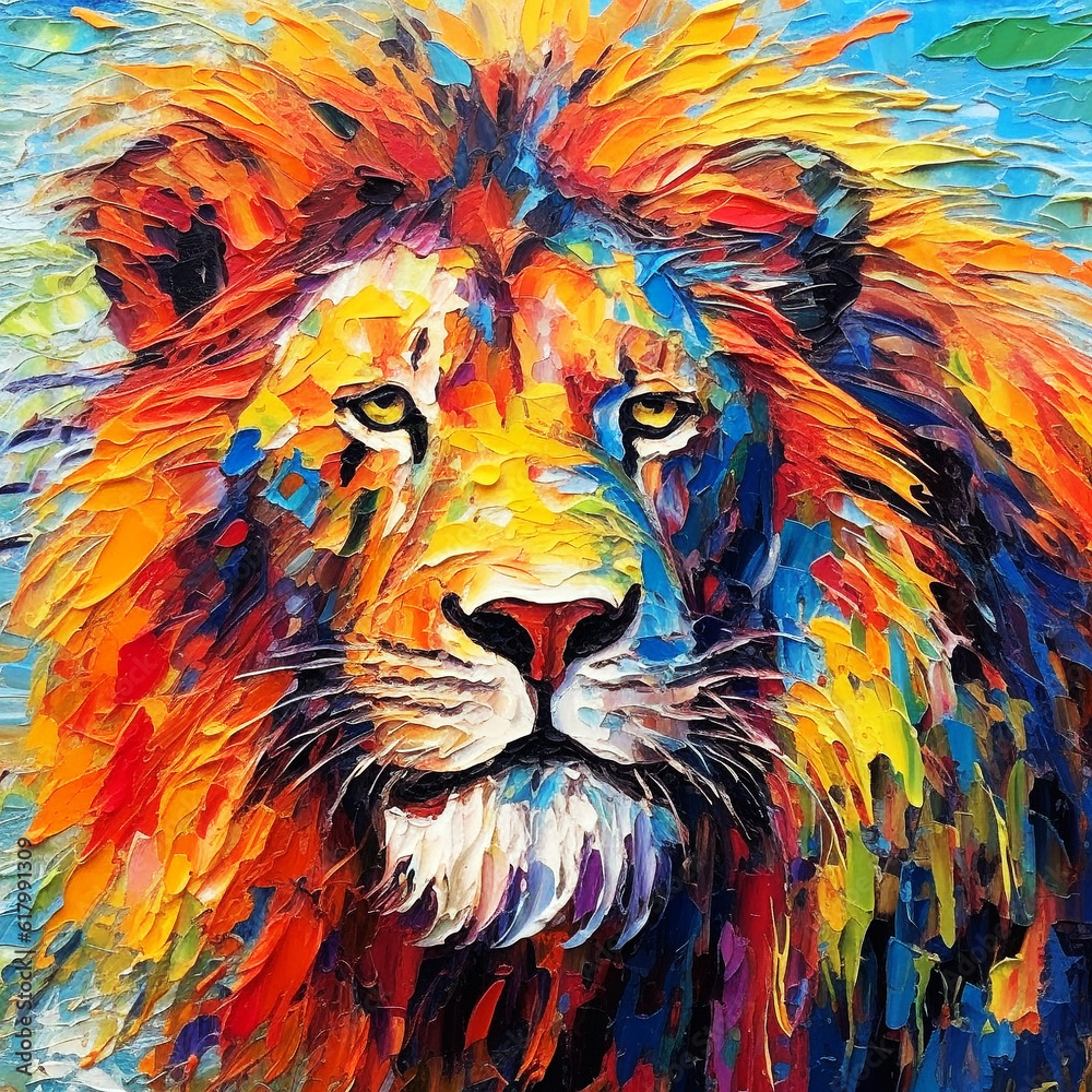 Fototapeta Colorful Palette-knife drawing of a Lion. Using Primary Colors.