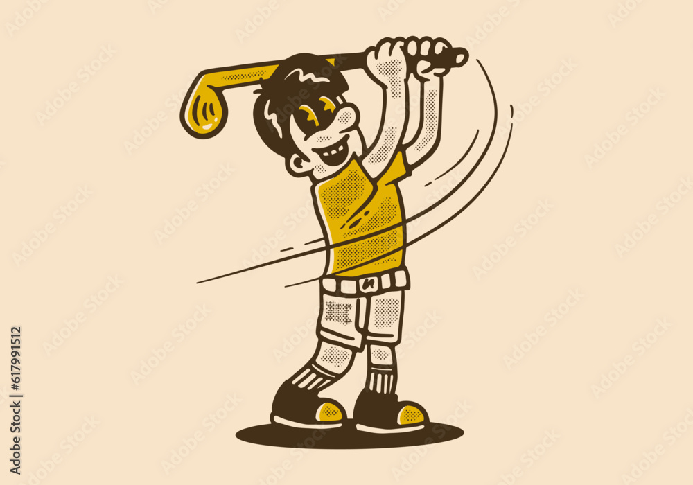 Naklejka premium Mascot character design of a guy holding a golf stick
