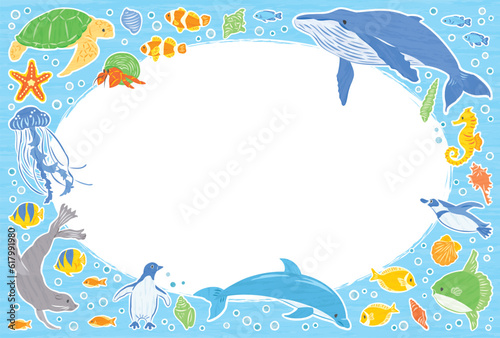 海の生き物　イラストフレーム　横