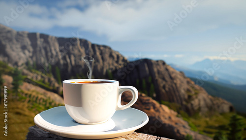Cup of coffee near the mountain.