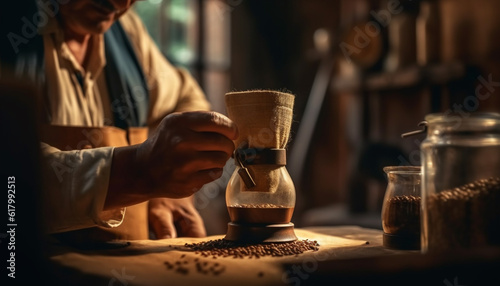 One man  a craftsperson  expertly making coffee in his workshop generated by AI