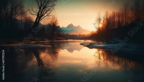 Tranquil scene of mountain reflection in water at dusk generated by AI © Jemastock