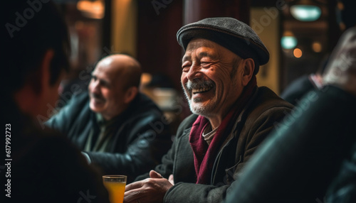 Group of men enjoying drinks and laughter at night bar generated by AI