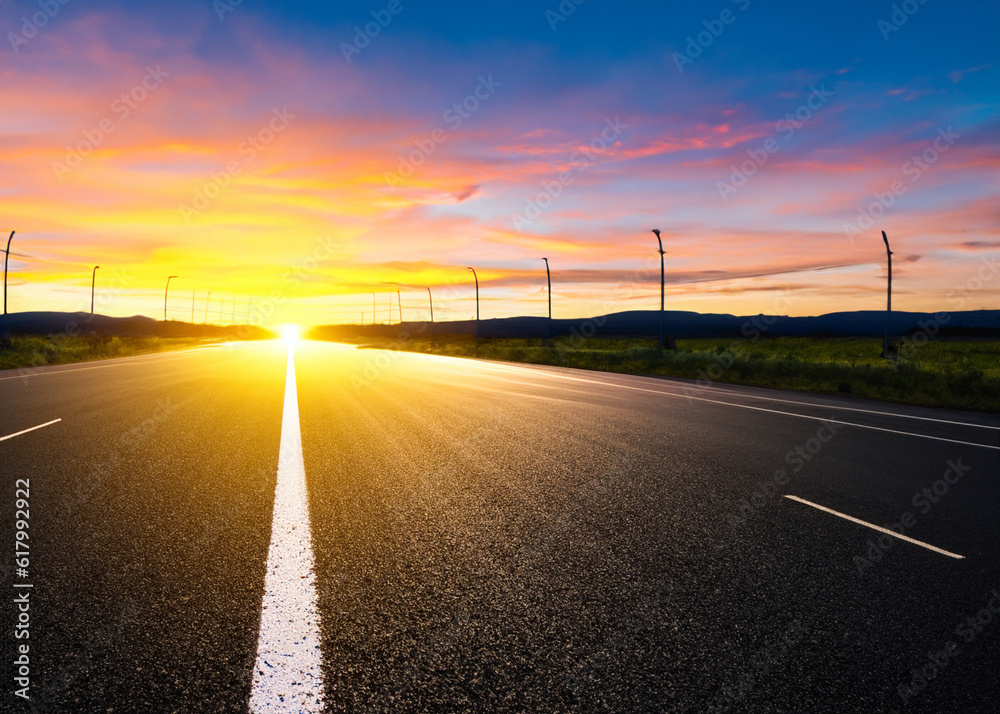 Fototapeta premium abstract empty asphalt road at night sunset or sunrise with lights created with generative ai technology