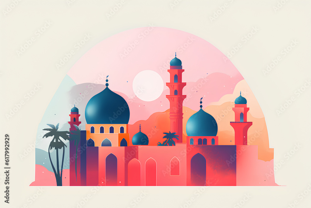 Islamic Mosque and crescent moon risograph style minimalistic tertiary colors. Ramadan Kareem. Generative AI