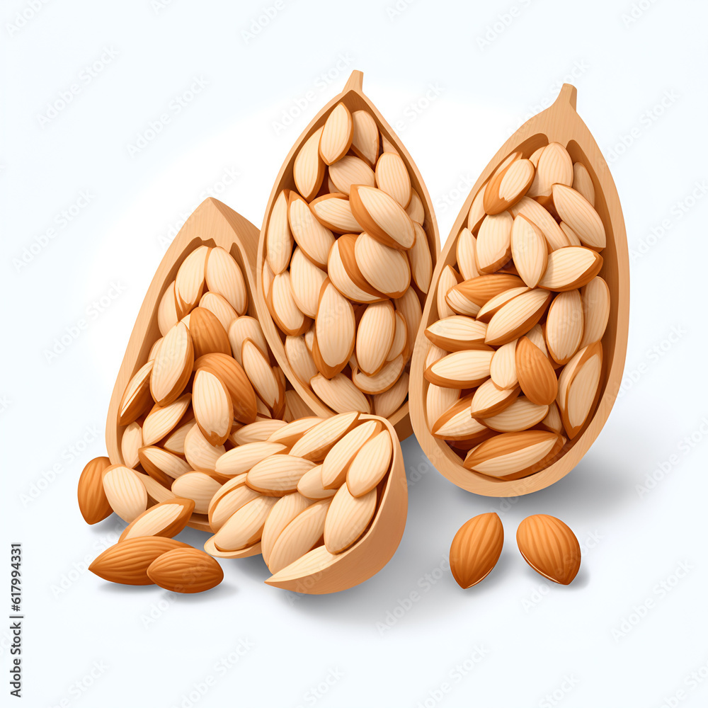 Almond kernel with set isolated on white background illustration. Stock