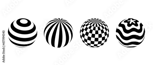 Collection of spheres with different patterns. Striped, checkered and waved 3d balls set. Black and white geometric elements for design templates, icons, logo. Abstract vector globes pack. 