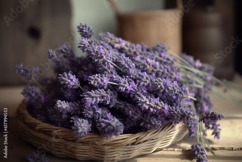 lavender flower in basket on wooden table