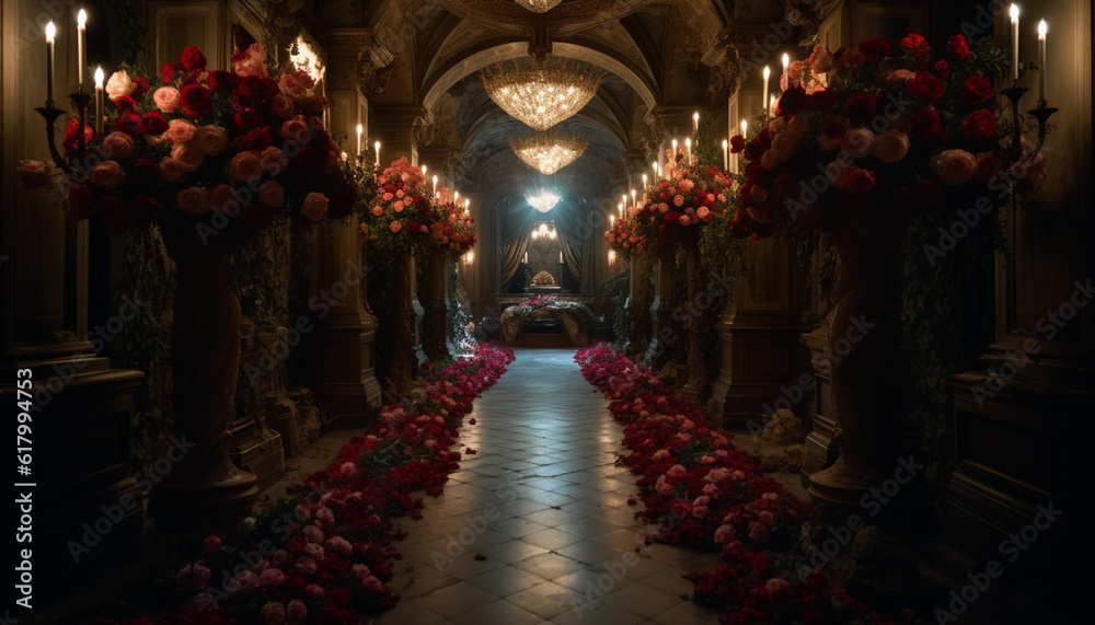 Inside famous place, altar decoration with flower vase and candle generated by AI